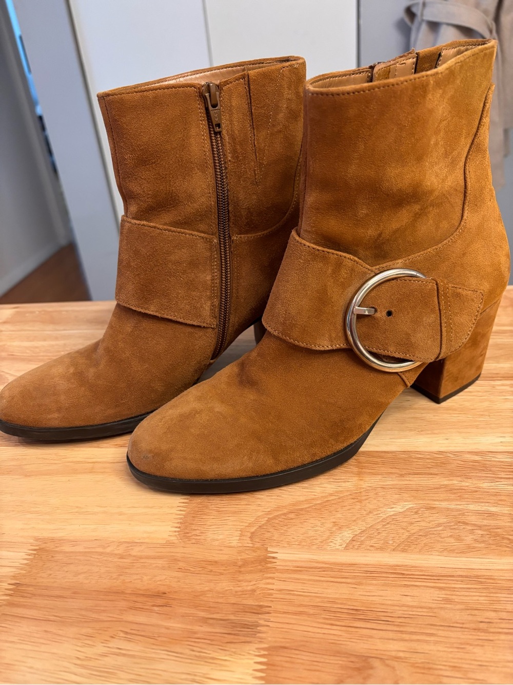 Gabor Cognac Suede Ankle Boots with Decorative Buckle